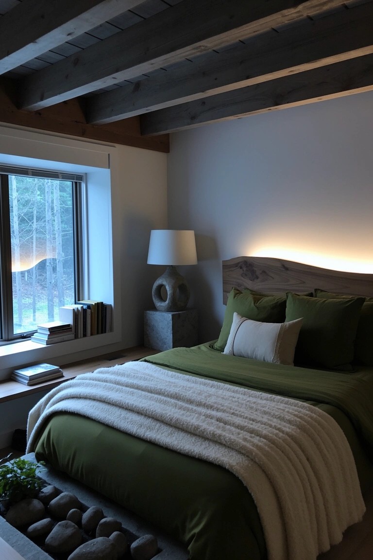 Bedroom with dark exposed wooden ceiling beams, green bedding on a natural wood headboard, stone lamp, and potted plant