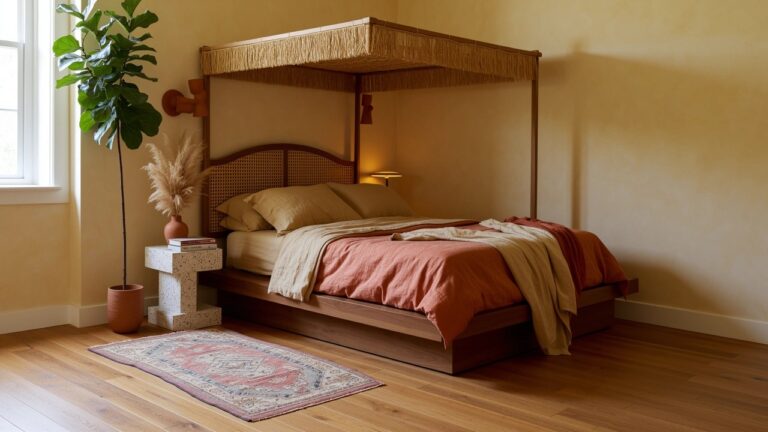 Cozy bedroom with low platform bed under light woven canopy frame, terracotta bedding, and fiddle leaf fig plant