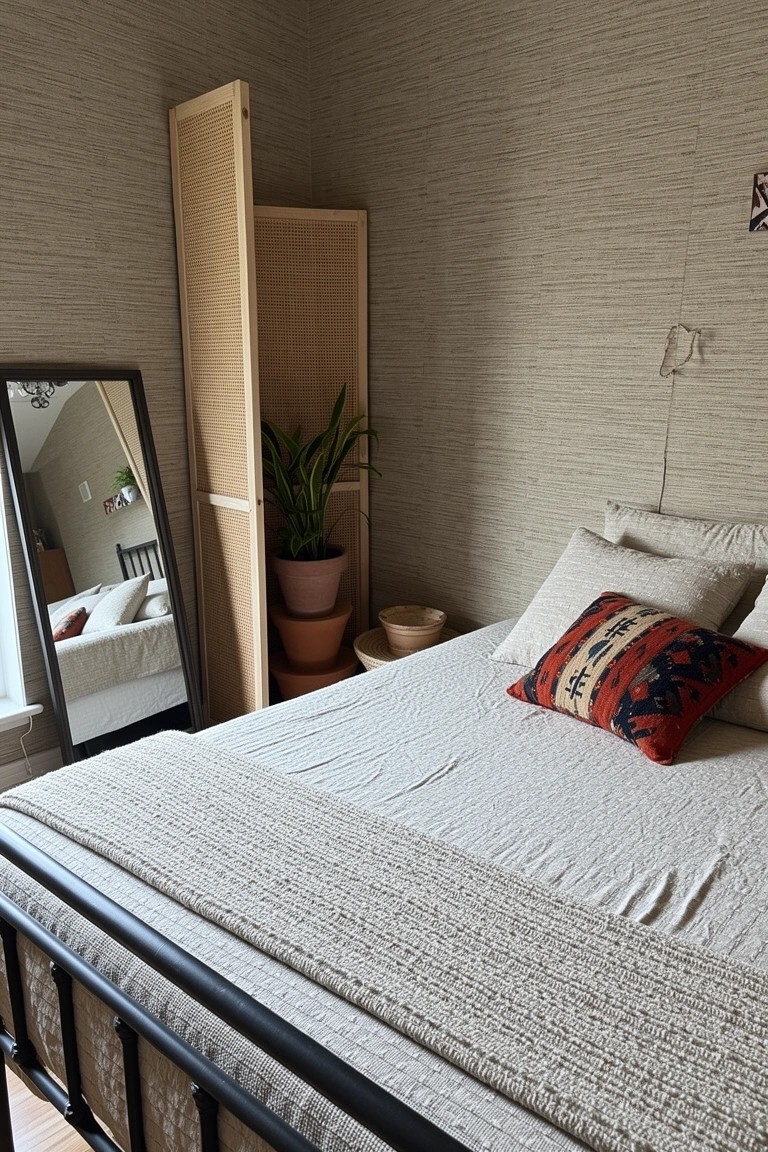 Cozy bedroom corner with beige textured walls, black metal bed frame, red patterned pillow, tall folding screen, potted plant, and full-length mirror