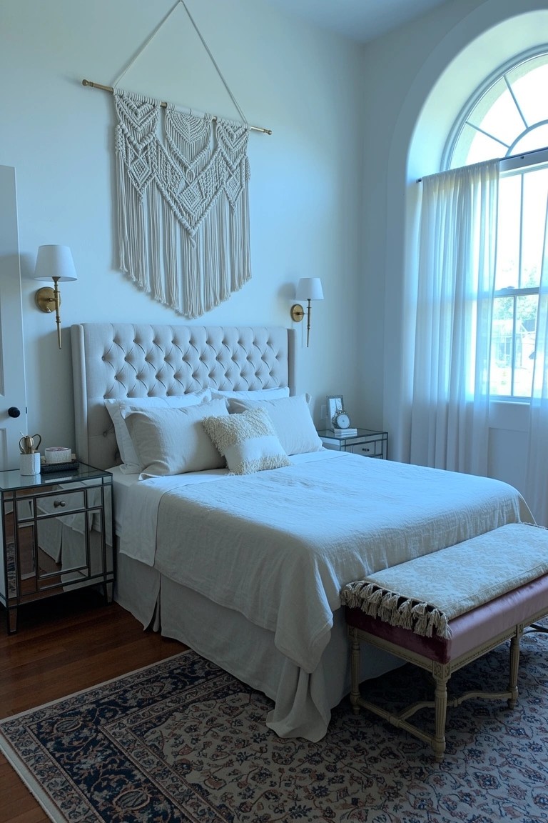 Modern boho bedroom with large neutral macrame wall hanging above white tufted bed, arched window with sheer curtains, and foot bench on patterned rug