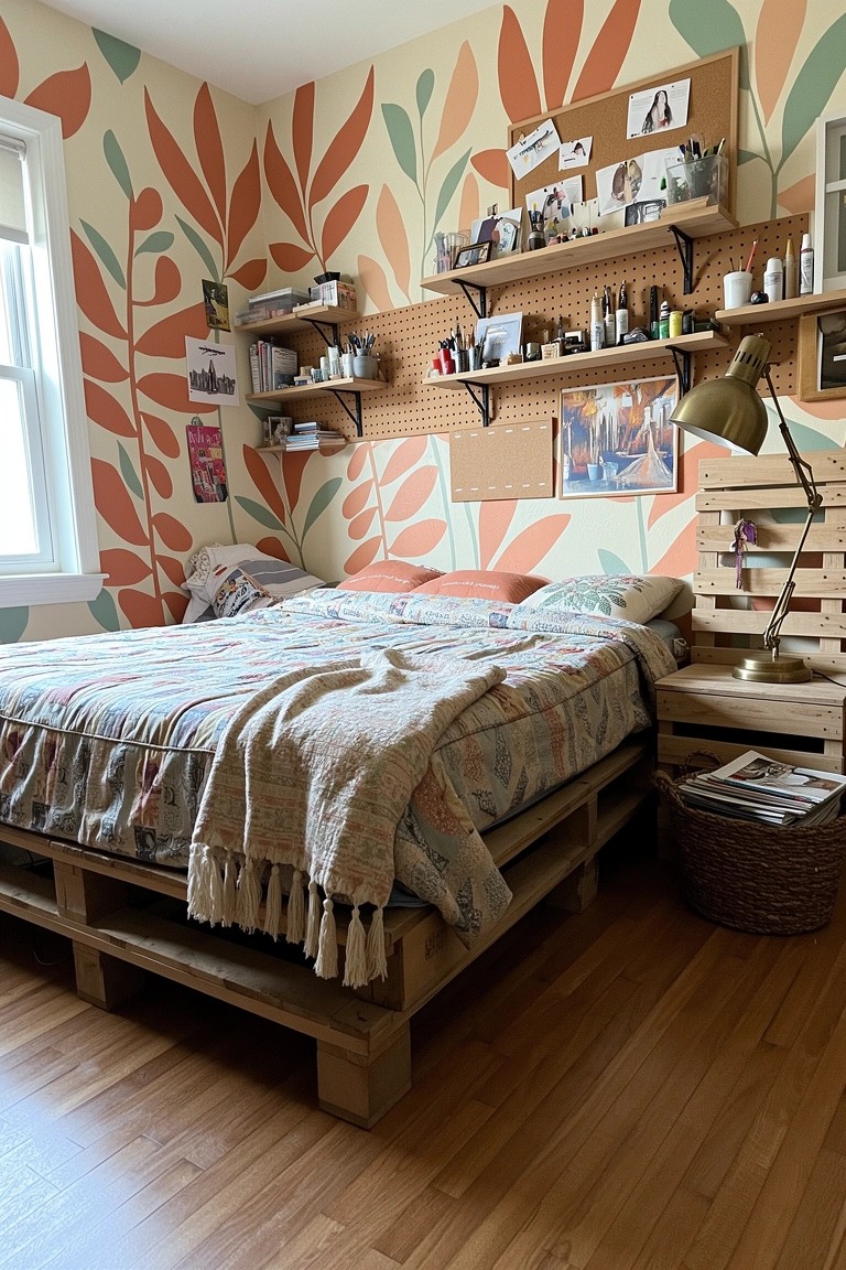 Boho bedroom with wooden pallet bed frame, colorful leaf wall mural, and wall shelves holding plants and decor