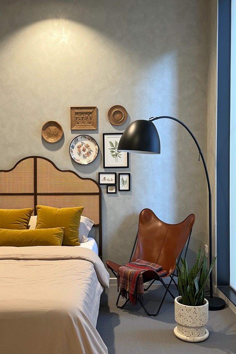 Modern boho bedroom with gray textured walls, eclectic plate and frame wall hanging above cane headboard bed with yellow pillows, black arc floor lamp, leather chair with plant beside it