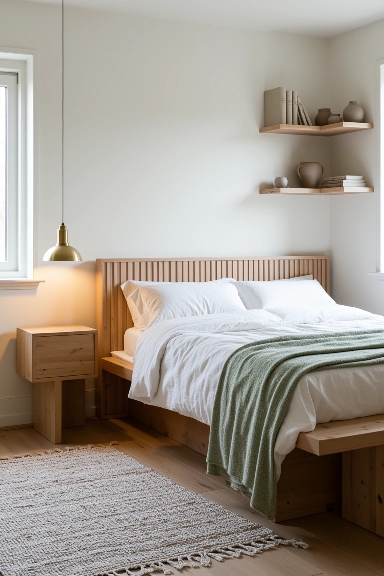 Cozy bedroom corner with light wood platform bed, slatted headboard, white bedding, green throw, and wooden shelves holding pottery