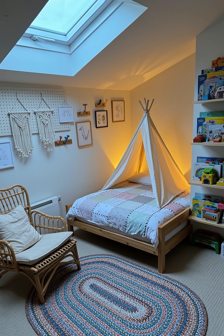 Child's bed with white teepee canopy in attic room with skylight, boho decor, and colorful rug