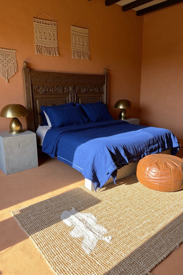 Boho bedroom with terracotta walls, blue bedding on carved wood bed, macrame wall hangings, concrete nightstands, and seagrass rug