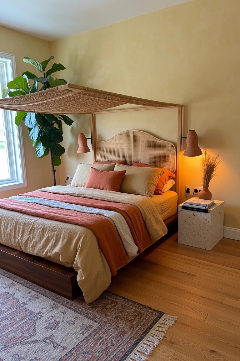 Cozy bedroom with low platform bed under light woven canopy frame, terracotta bedding, and fiddle leaf fig plant