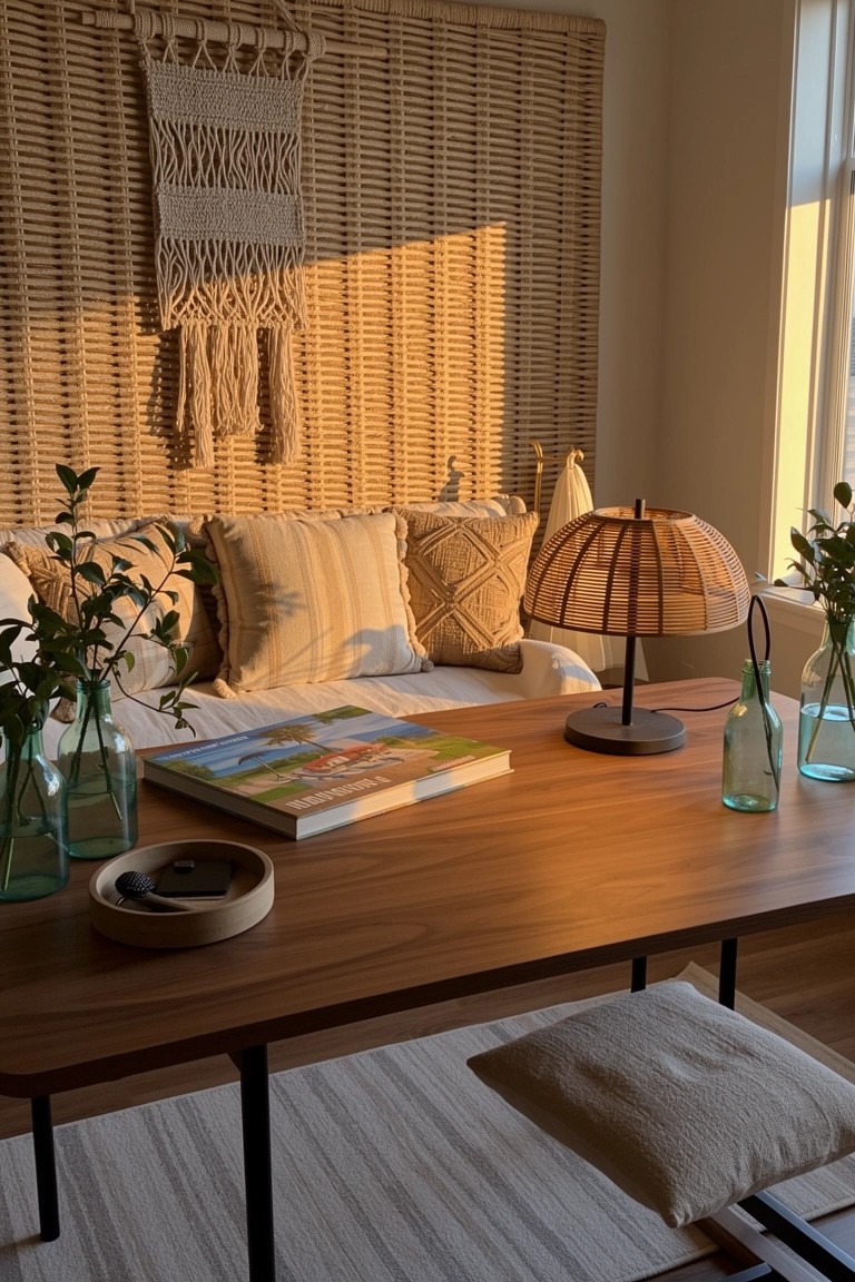 Coastal boho home office nook with low wooden desk, cushioned bench seating, rattan lamp, plants in blue glass vases, and textured woven wall panels.