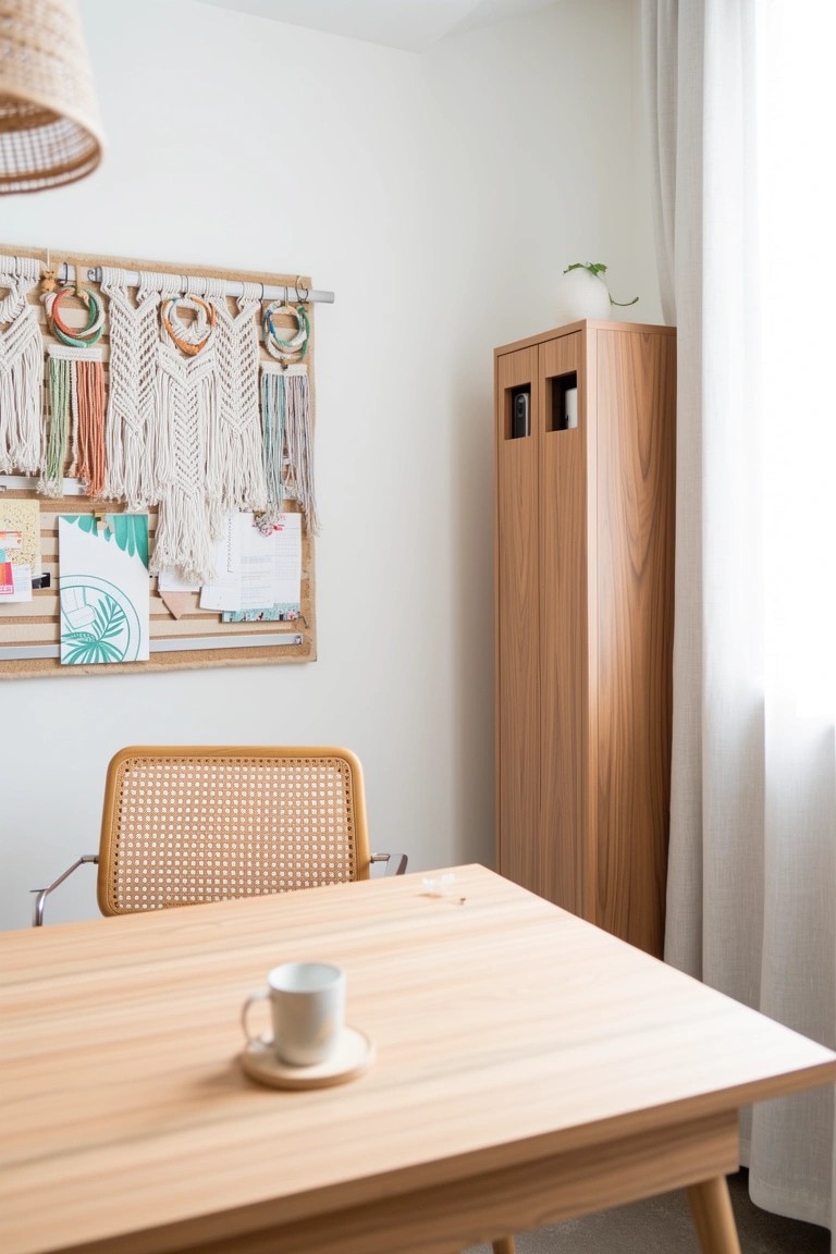 Boho home office corner with macrame wall hanging suspending a bulletin board, wooden desk, rattan chair, and tall cabinet beside white walls.