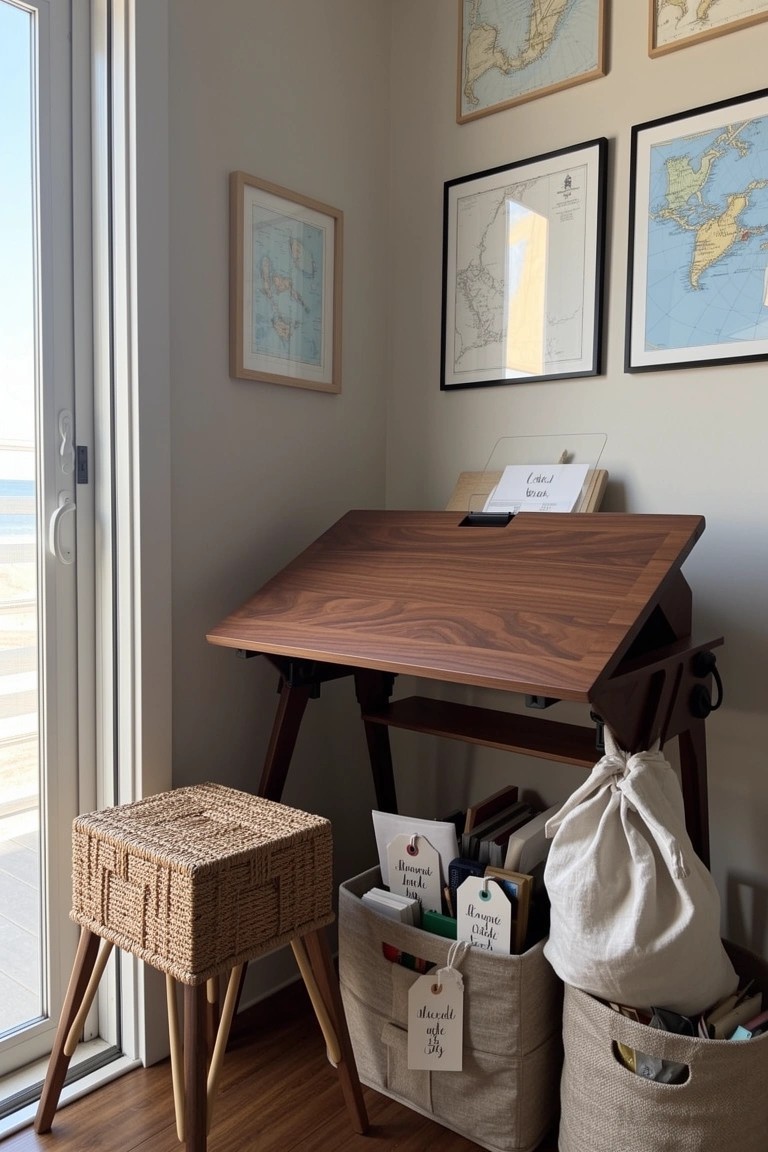 Wooden drafting desk in a light corner office nook with fabric storage bins, wicker stool, and maps on walls