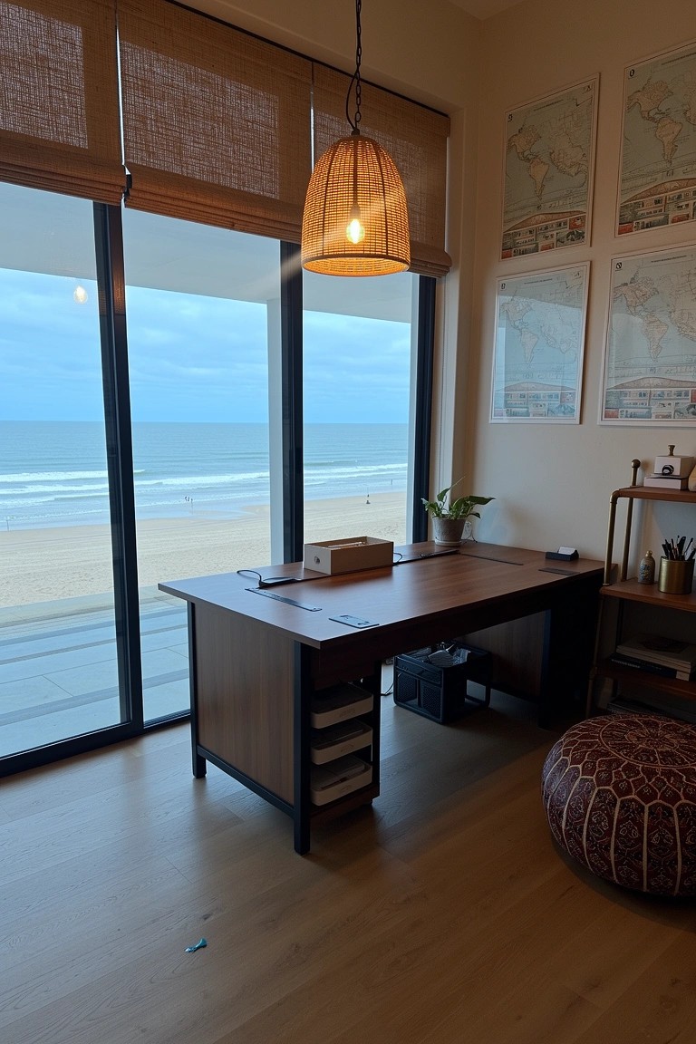 Wooden desk against floor-to-ceiling windows with ocean view in boho home office, rattan lamp overhead and plant nearby