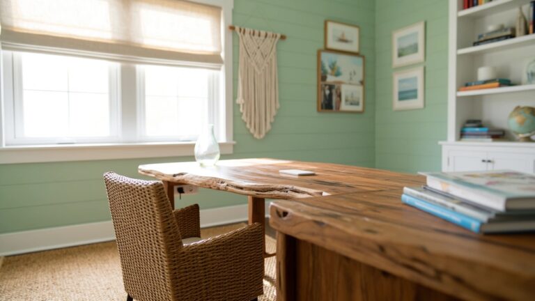 Mint green coastal boho office corner with L-shaped live edge wood desk, rattan chairs, bookshelves, and macrame wall hanging