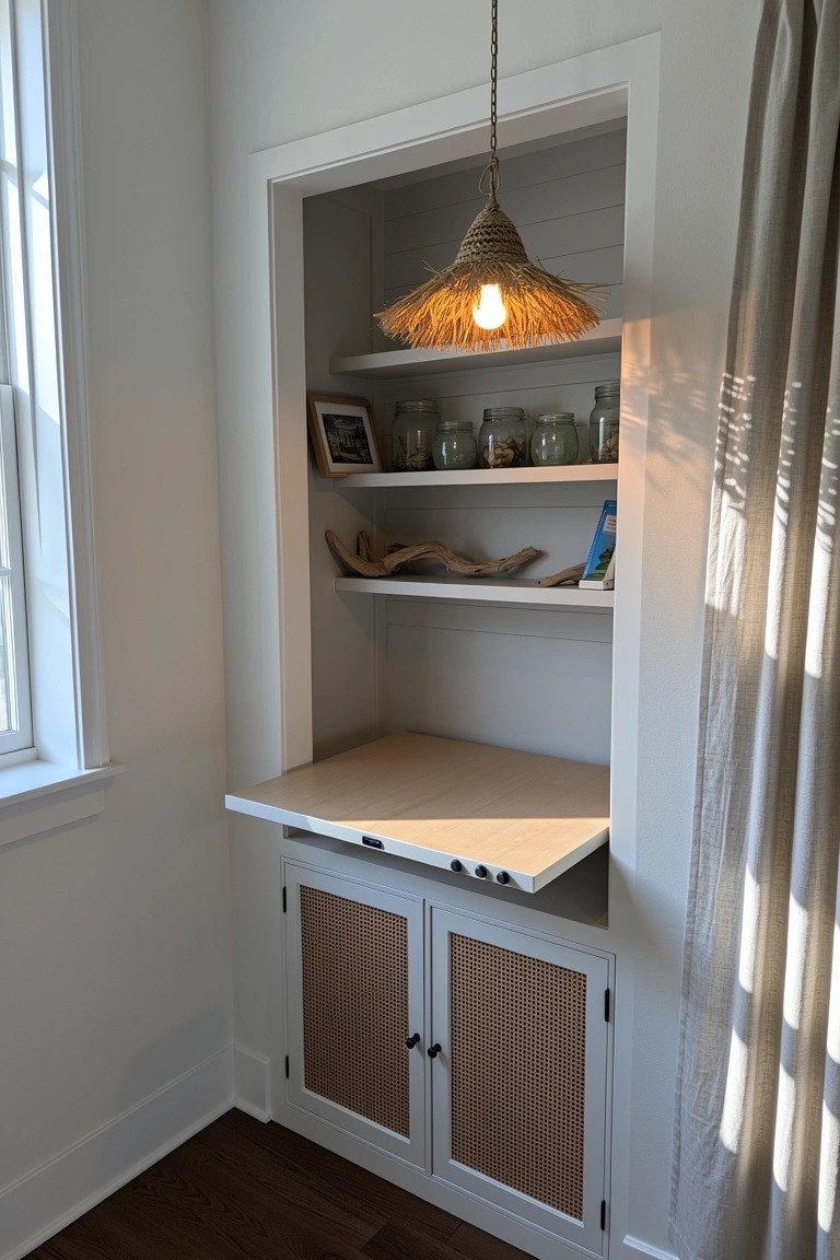Built-in coastal boho office nook with fold-down desk, rattan cabinet doors, open shelves holding jars, and straw hat pendant light