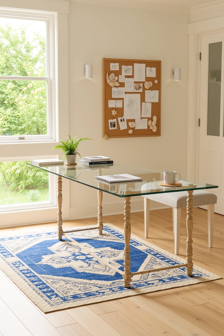 Home office with glass-top desk on turned wood legs over blue patterned rug, corkboard on wall, plants and books on desk, natural light from window