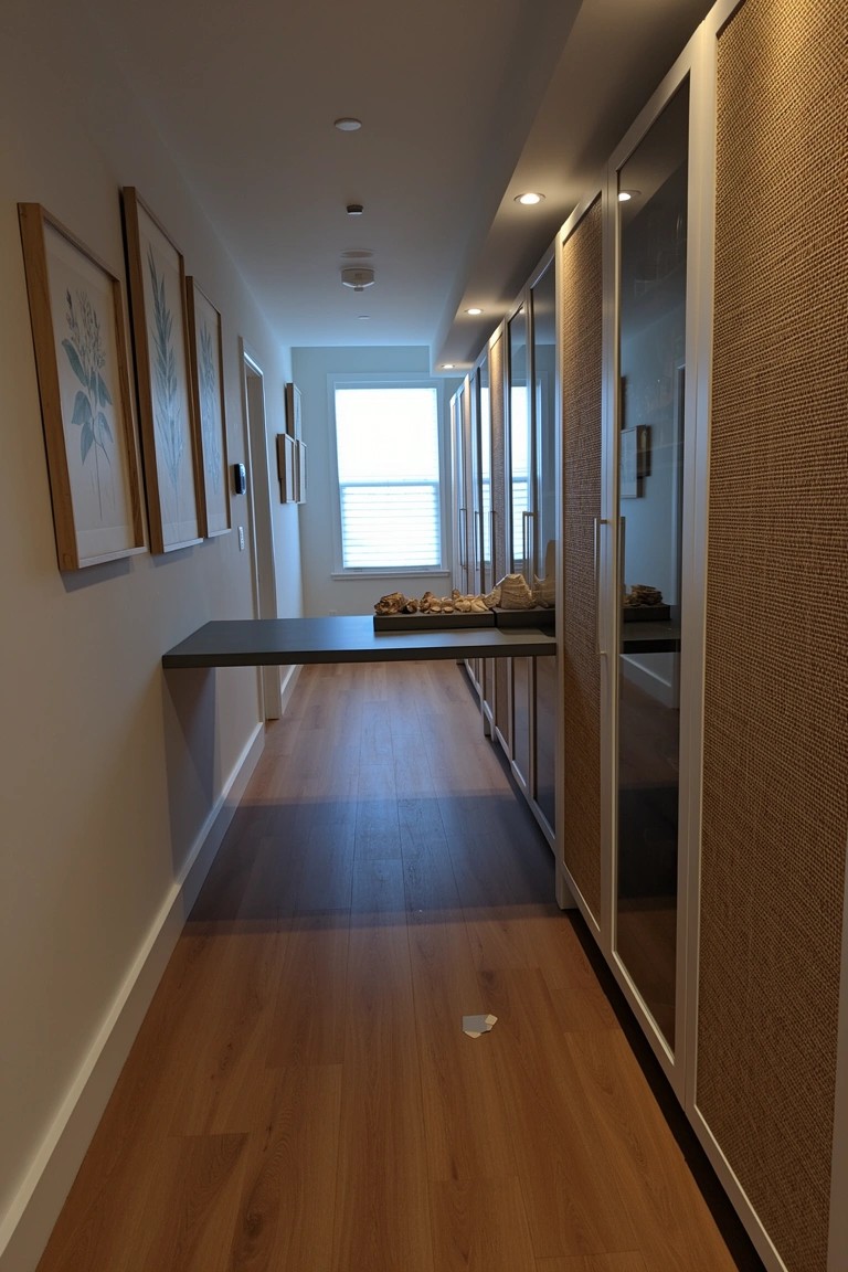 Narrow hallway office with slim floating desk against wall and tall rattan wardrobes for storage