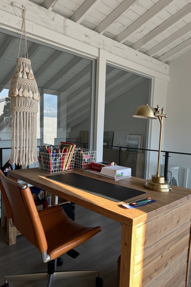 Light-filled loft office with rustic wooden desk, leather chair, macrame hanger, and brass lamp near large windows and balcony railing