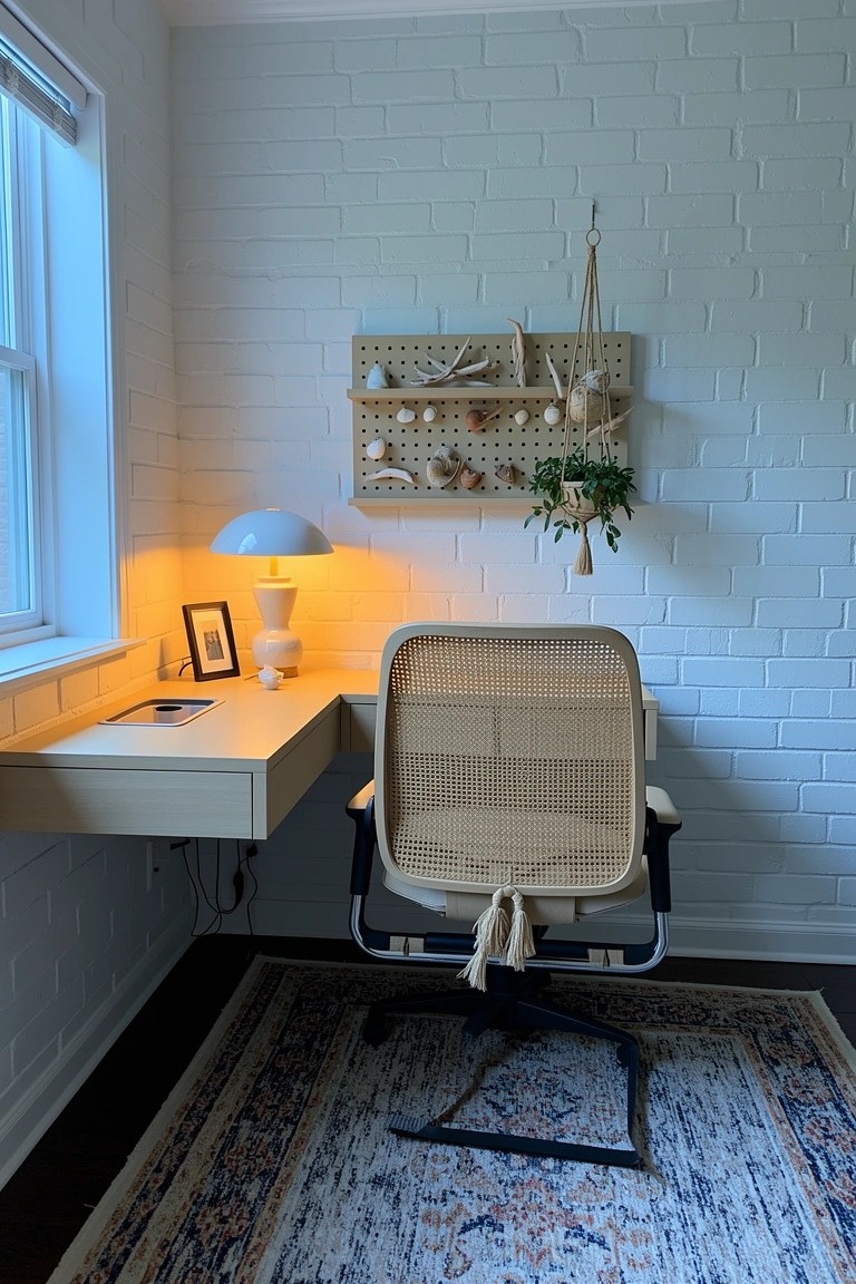Coastal boho home office corner with pegboard wall displaying shells and plants above a floating white desk and rattan chair against white brick walls