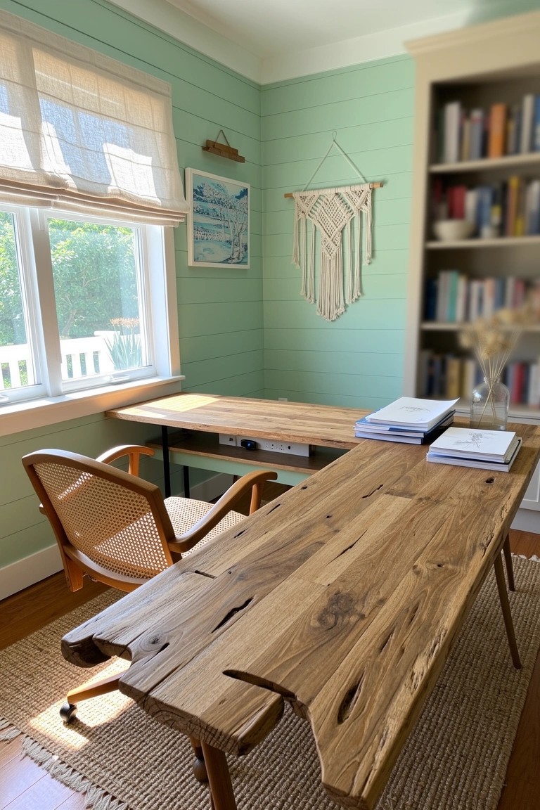 Mint green coastal boho office corner with L-shaped live edge wood desk, rattan chairs, bookshelves, and macrame wall hanging
