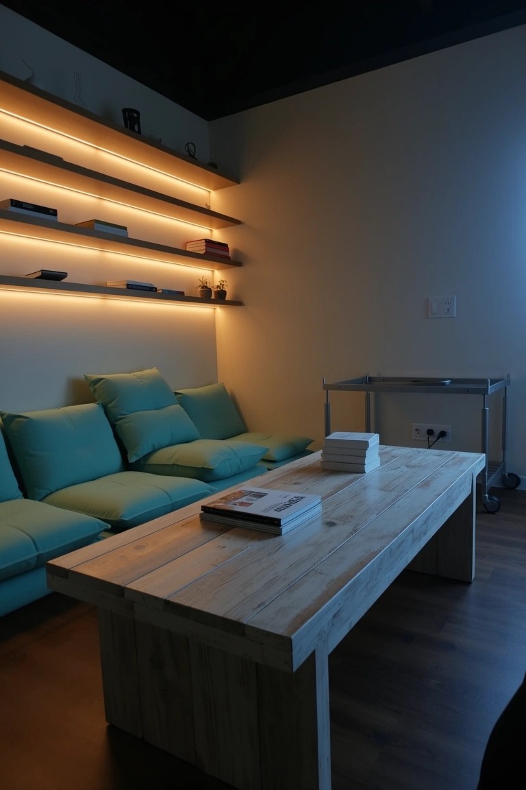Cozy office corner featuring teal low-profile sofas, a wooden coffee table, and floating wall shelves lit with warm LED strips holding books