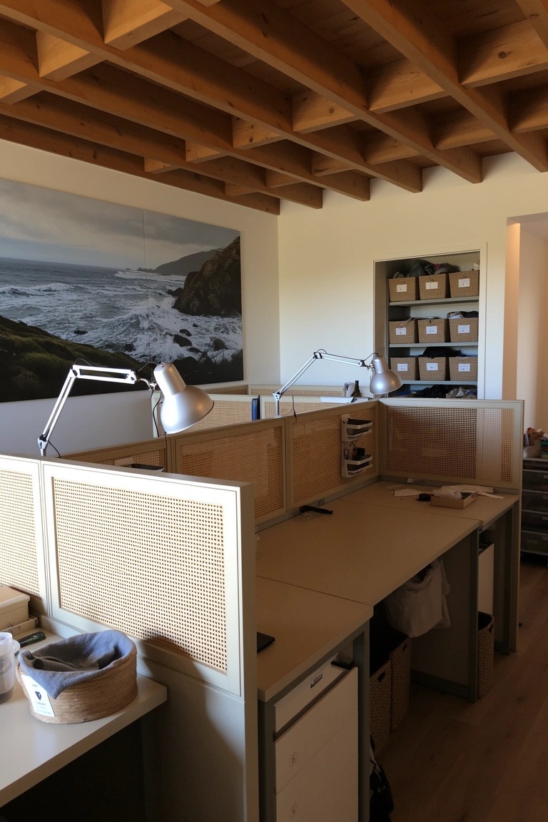 Coastal boho home office cubicles made with light wicker screen dividers, wooden desks, exposed beam ceiling, and ocean wall art