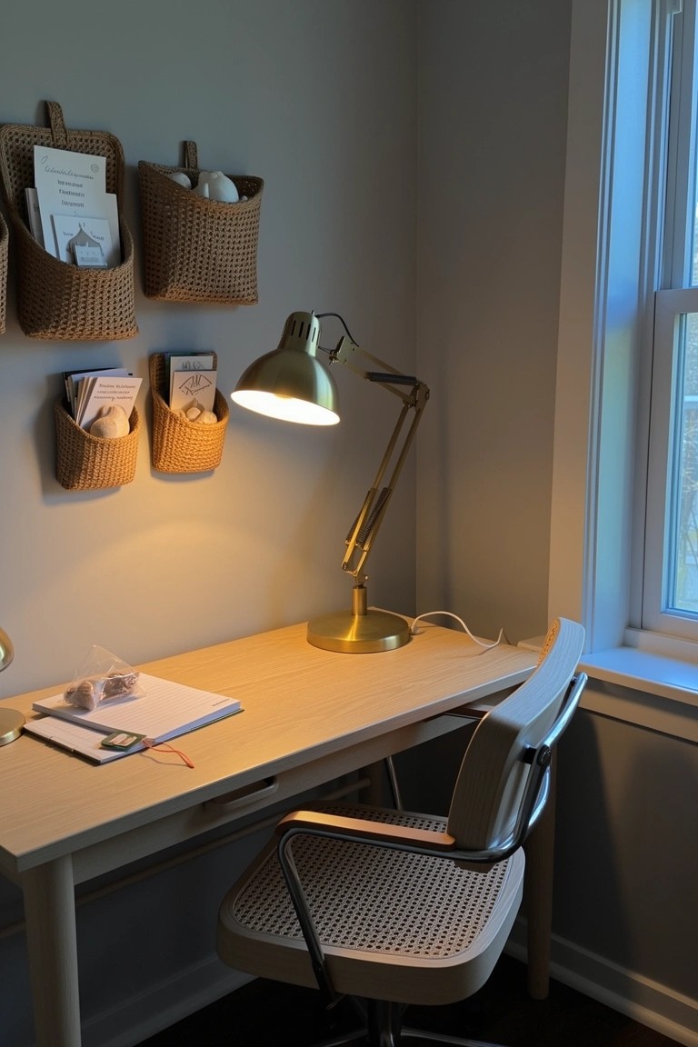 Cozy corner office with light wood desk, wicker chair, gold desk lamp, and woven wall baskets holding papers