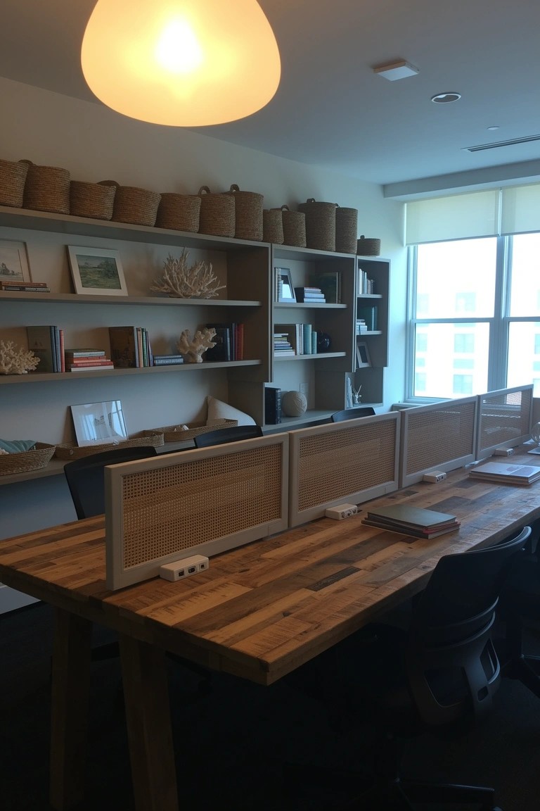 Coastal boho office featuring a long wooden table with woven privacy screens dividing workspaces and open shelving with baskets