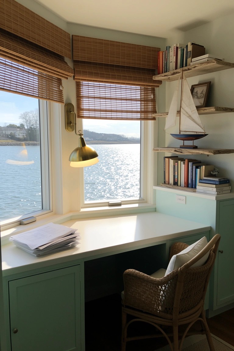 Bay window corner with built-in desk, wicker chair, bookshelves, and nautical ship model overlooking water