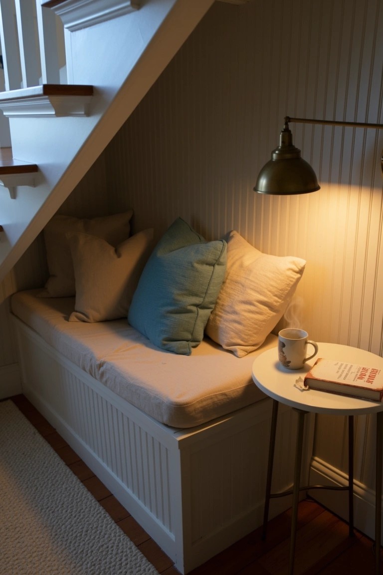 Cozy built-in bench under wooden stairs with pillows, small table, lamp, open book, and mug in a light wood-paneled nook