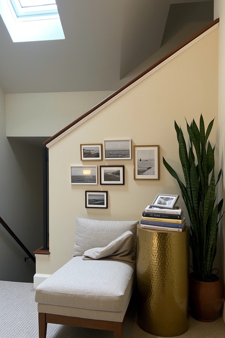 Cream slipcovered chaise lounge with draped throw next to hammered gold table stacked with books at base of wooden stairs, tall leafy plant in corner, black and white photos on pale wall