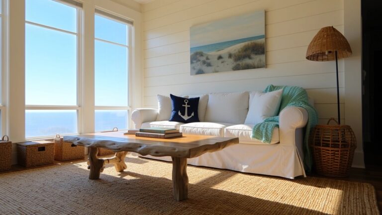 19 Timeless Coastal Interior Ideas That Always Work Coastal sunroom with white sofa, navy anchor pillow, teal throw, driftwood-legged wooden coffee table on seagrass rug, woven baskets, floor lamp, ocean wave artwork, and large windows
