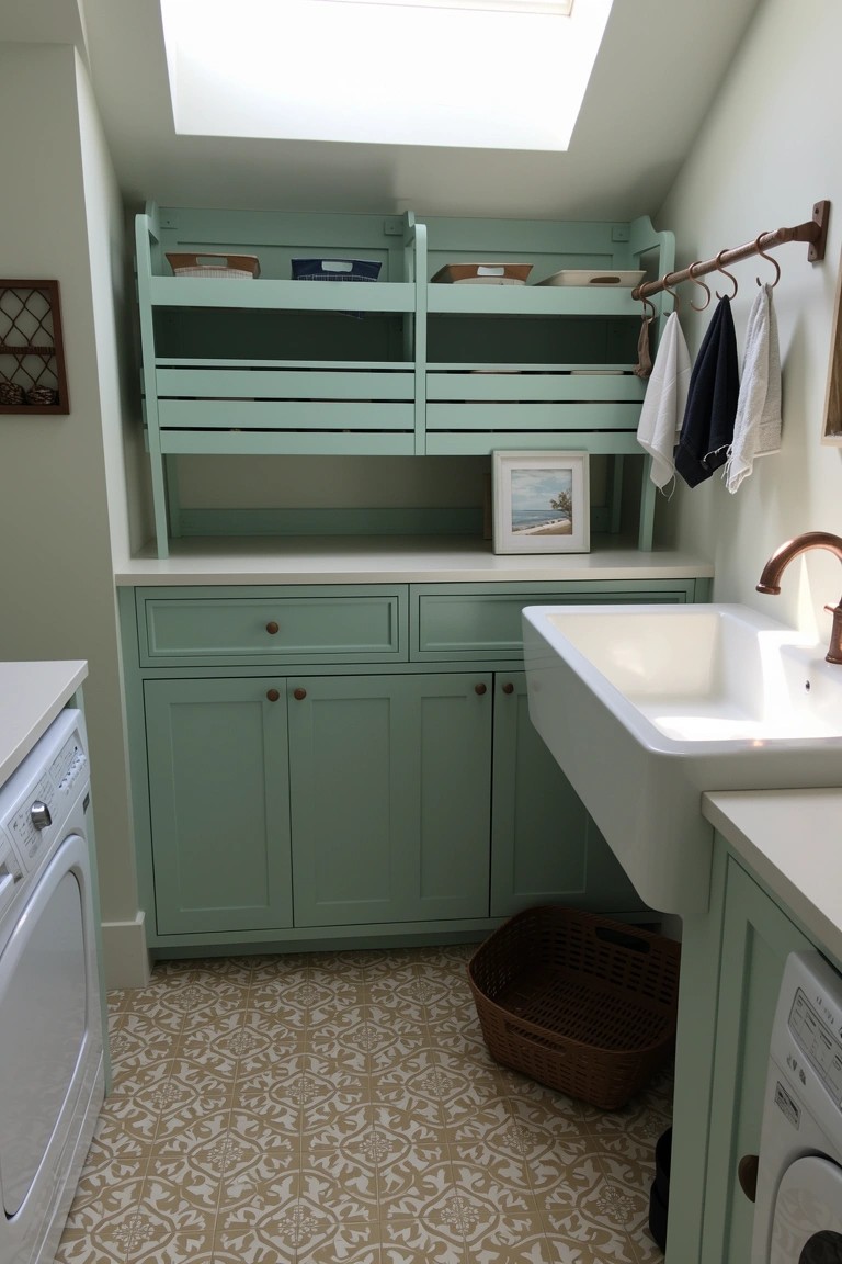 Cozy attic laundry room featuring soft green cabinets, open upper shelves with baskets, wood peg rail holding towels, farmhouse sink, washer and dryer, and patterned tile floor