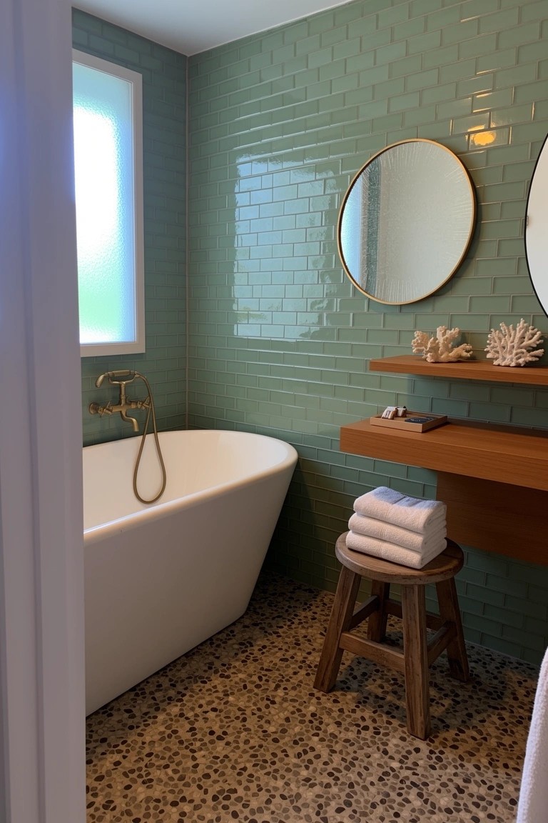 Coastal bathroom with glossy green subway tiles, white freestanding tub, wood shelf holding towels and shells, and gold mirrors