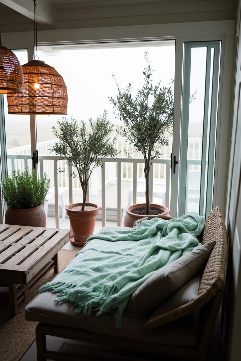 Rattan daybed on balcony with open sliding doors, potted olive trees, and soft throw blanket in neutral coastal room