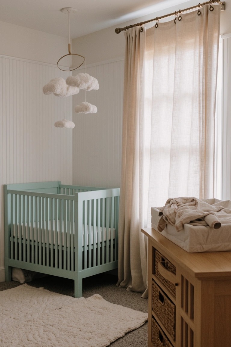 Mint green wooden crib in airy nursery with white beadboard walls, natural wood dresser, cloud mobile, and sheer curtains