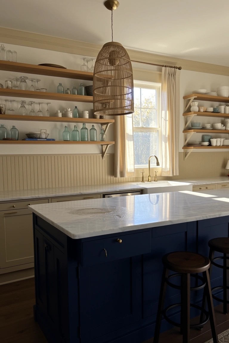 Coastal kitchen featuring a navy blue island with white marble countertop, rattan pendant light overhead, open wood shelves stocked with blue glass bottles and white dishes