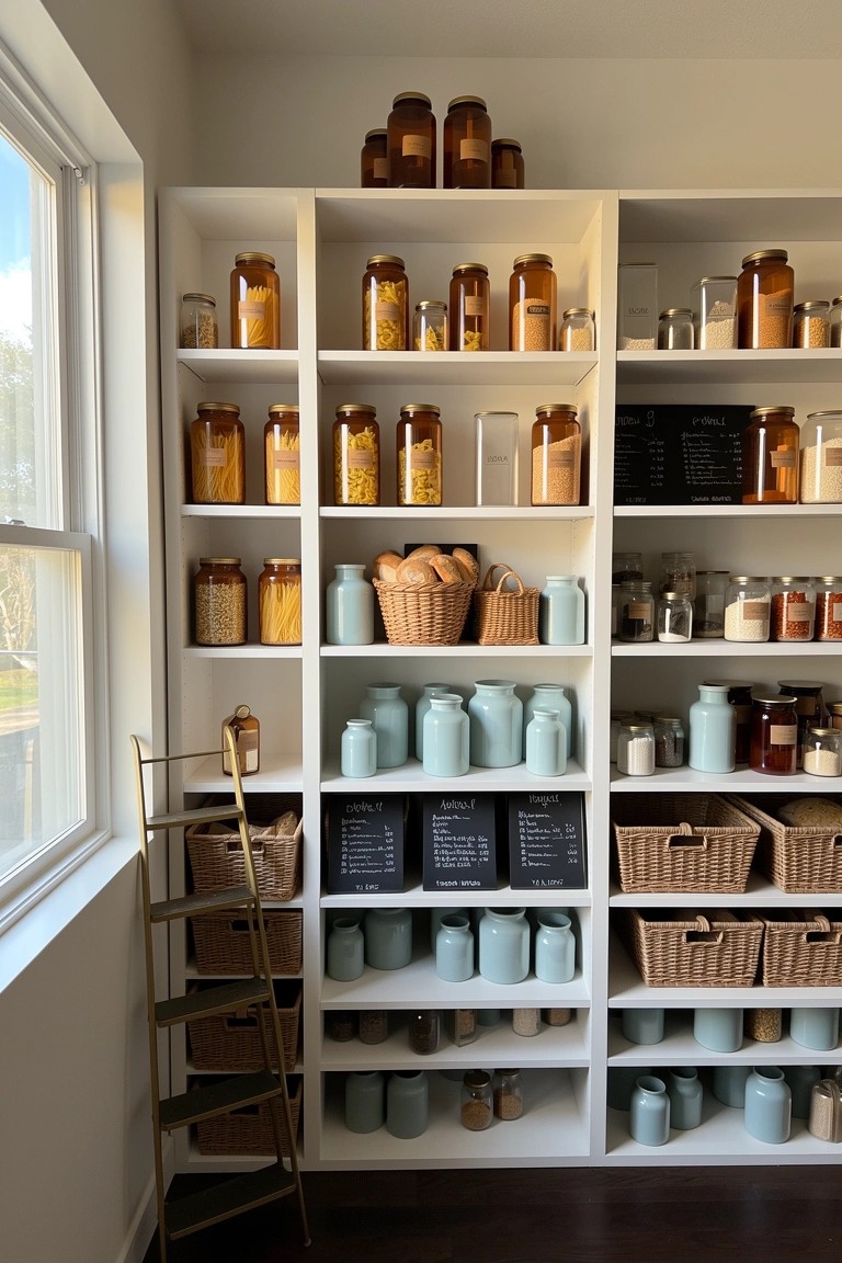 White open shelving pantry with rows of clear and colored glass jars, woven baskets, and chalkboard labels