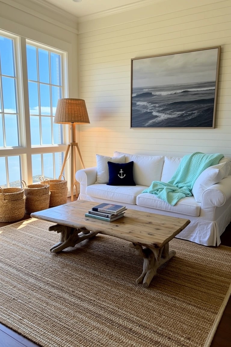 Coastal sunroom with white sofa, navy anchor pillow, teal throw, driftwood-legged wooden coffee table on seagrass rug, woven baskets, floor lamp, ocean wave artwork, and large windows