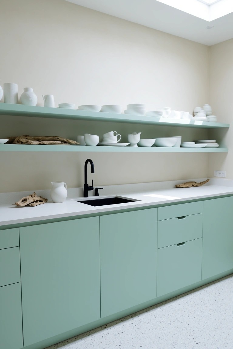 Coastal kitchen with sage green lower cabinets, open white shelving holding pottery and driftwood, black faucet over white countertop