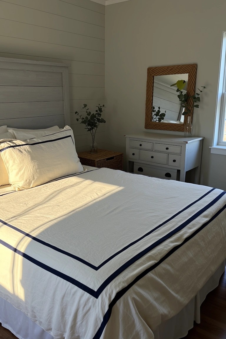 Cozy coastal bedroom featuring light gray shiplap walls, white bedding with navy trim, wooden bed and nightstand, and rattan mirror