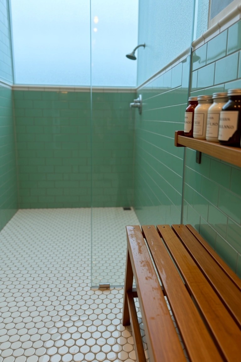 Coastal walk-in shower with green subway tiles, built-in wooden bench, and teak shelf for bath products