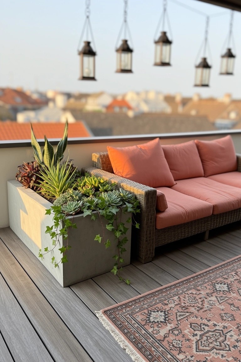 Orange wicker sofa on a wooden deck balcony next to large concrete planters filled with succulents, aloe, and ivy, with hanging lanterns and a patterned rug