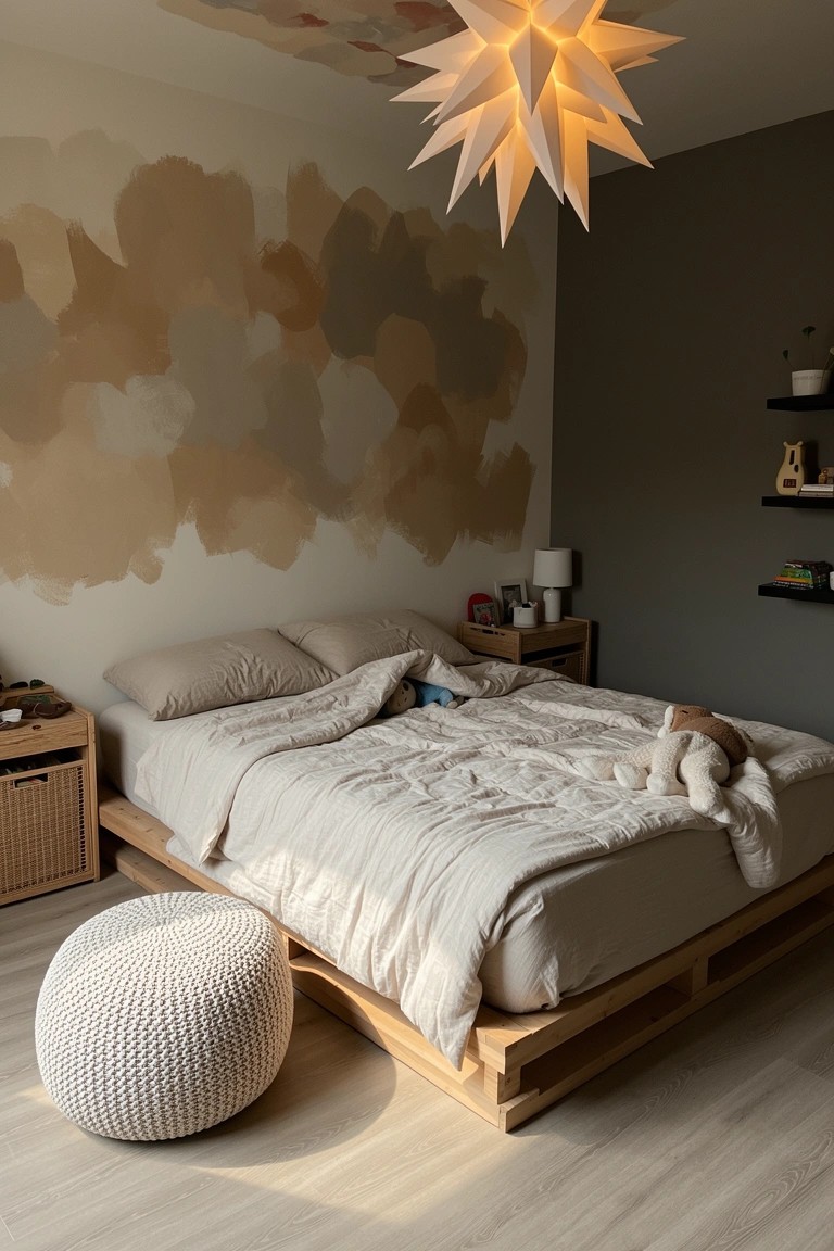 Modern boho bedroom with beige cloud mural on accent wall, low wooden platform bed, white duvet, and woven pouf stool
