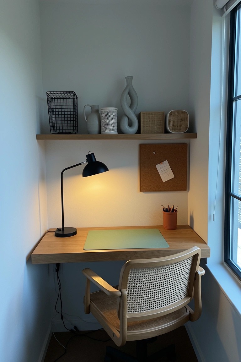 Compact modern boho corner desk nook with wooden desk, rattan chair, floating shelves with pottery and a green mat, lit by a desk lamp near a window