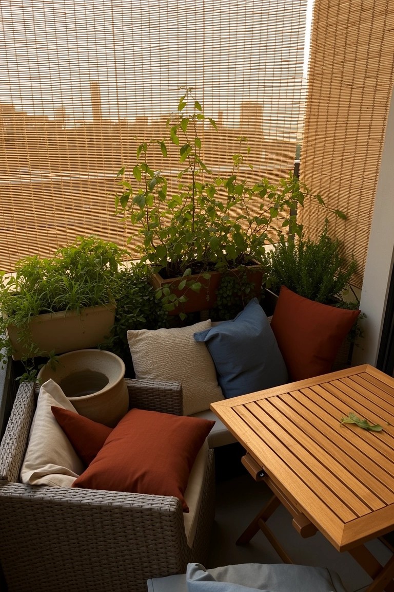 Cozy boho balcony lounge with potted herbs, layered cushions on rattan chair, wooden table, and bamboo blinds
