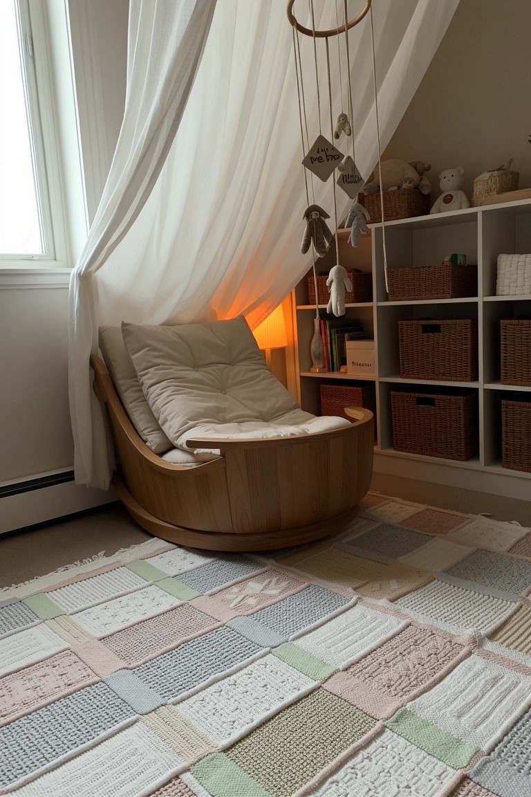 Wooden pod chair in nursery under sheer white canopy with hanging toys, bookshelves, lamp, and pastel patchwork rug