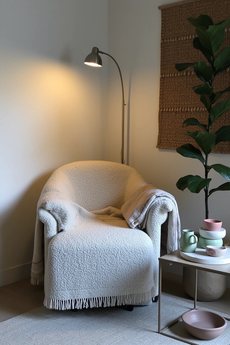 Cream sheepskin armchair in a sunny corner with arched floor lamp, large potted plant, woven wall hanging, and side table holding stacked colorful cups