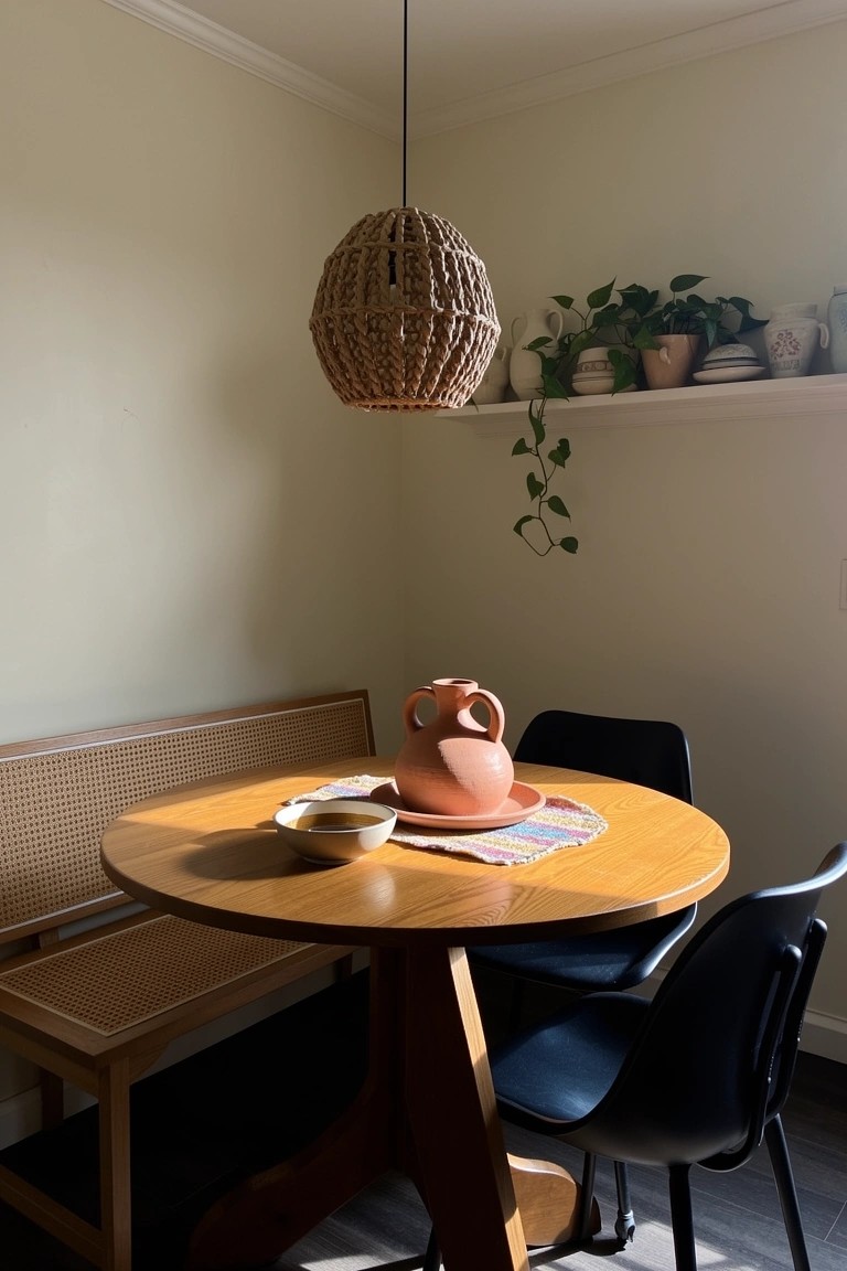 Modern boho dining nook in corner with round wooden table, rattan bench, black chairs, terracotta vase centerpiece, woven pendant light and potted plants on shelf