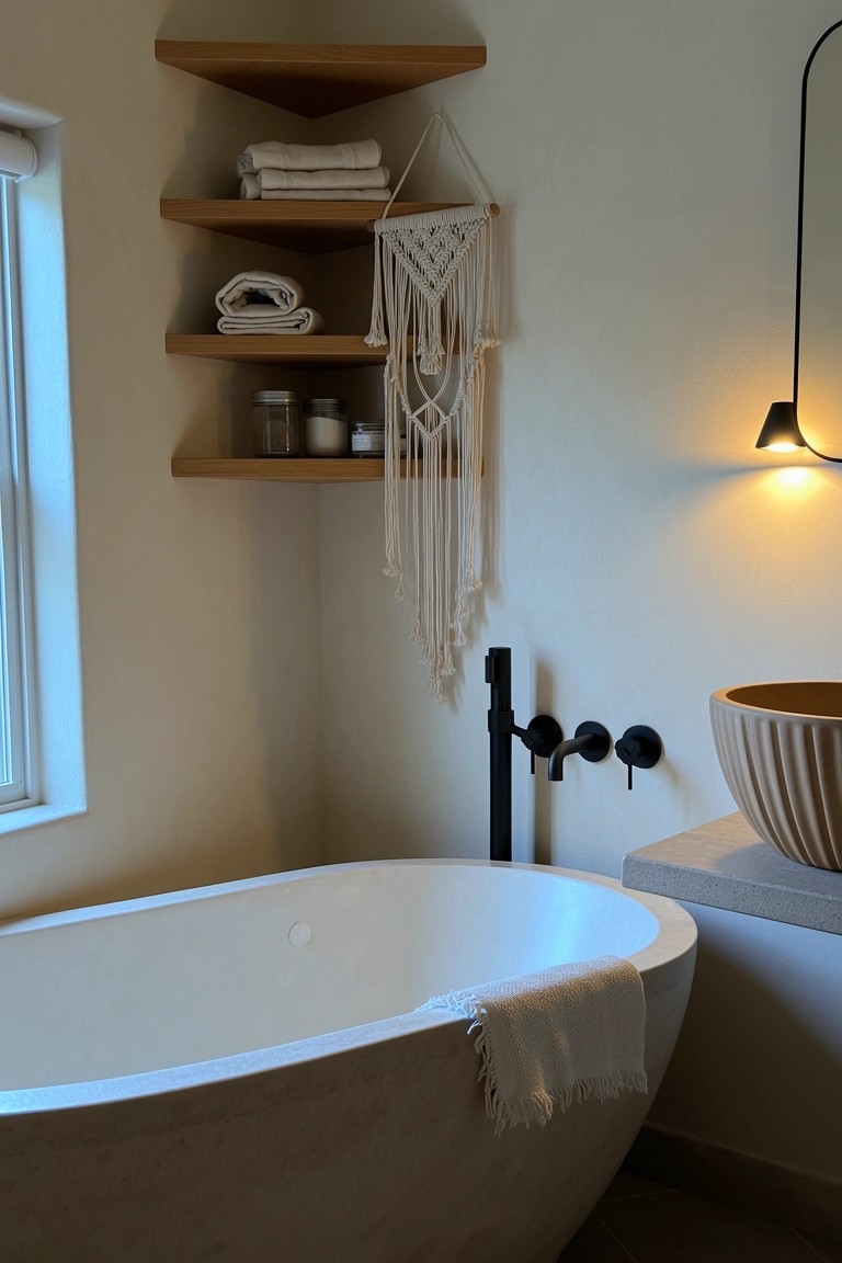 Modern boho bathroom corner with oak floating shelves displaying folded towels, macrame hanger, and jars above a white freestanding bathtub