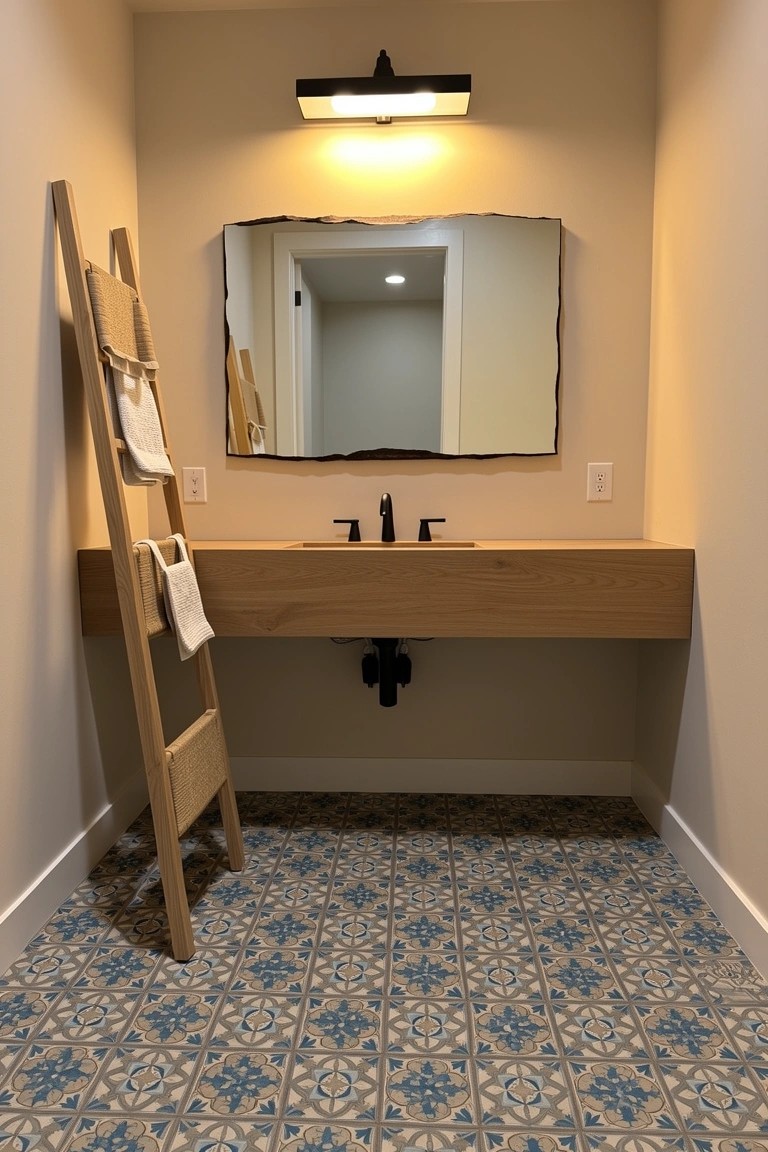 Bathroom with wooden ladder holding towels next to floating oak vanity, blue patterned tile floor, and wall sconce