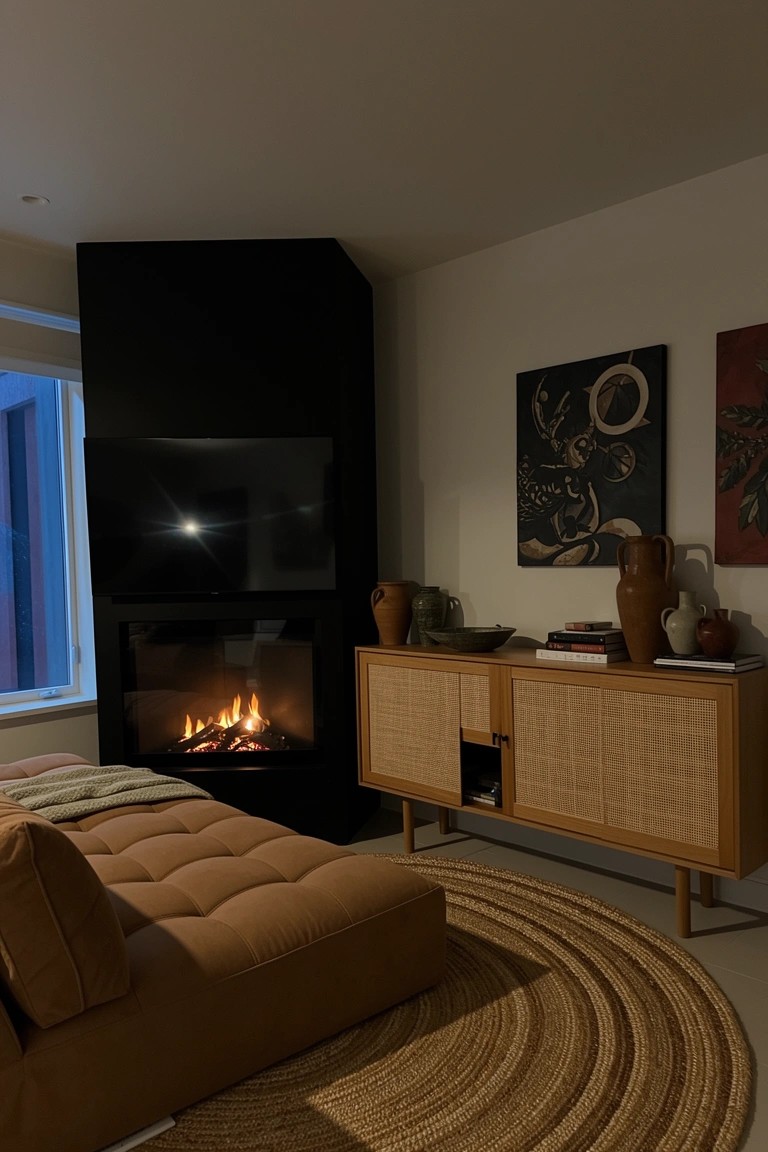 Rattan Cabinet by the Fireplace