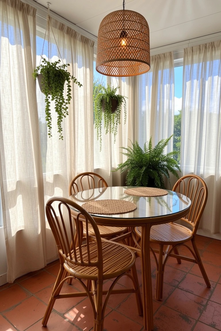 Sunlit sunroom dining area with rattan chairs around a glass-top table, hanging plants, potted fern, sheer curtains, and tiled floor